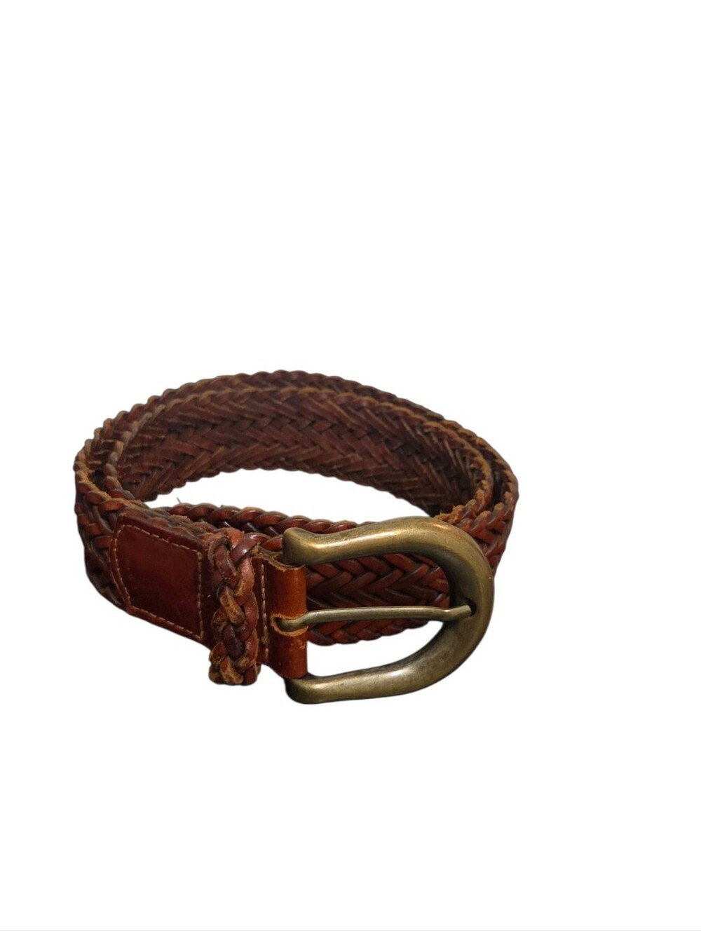 Vintage Lands End 32 Brown Braided Leather Belt Solid Brass Italy Buckle Turkey